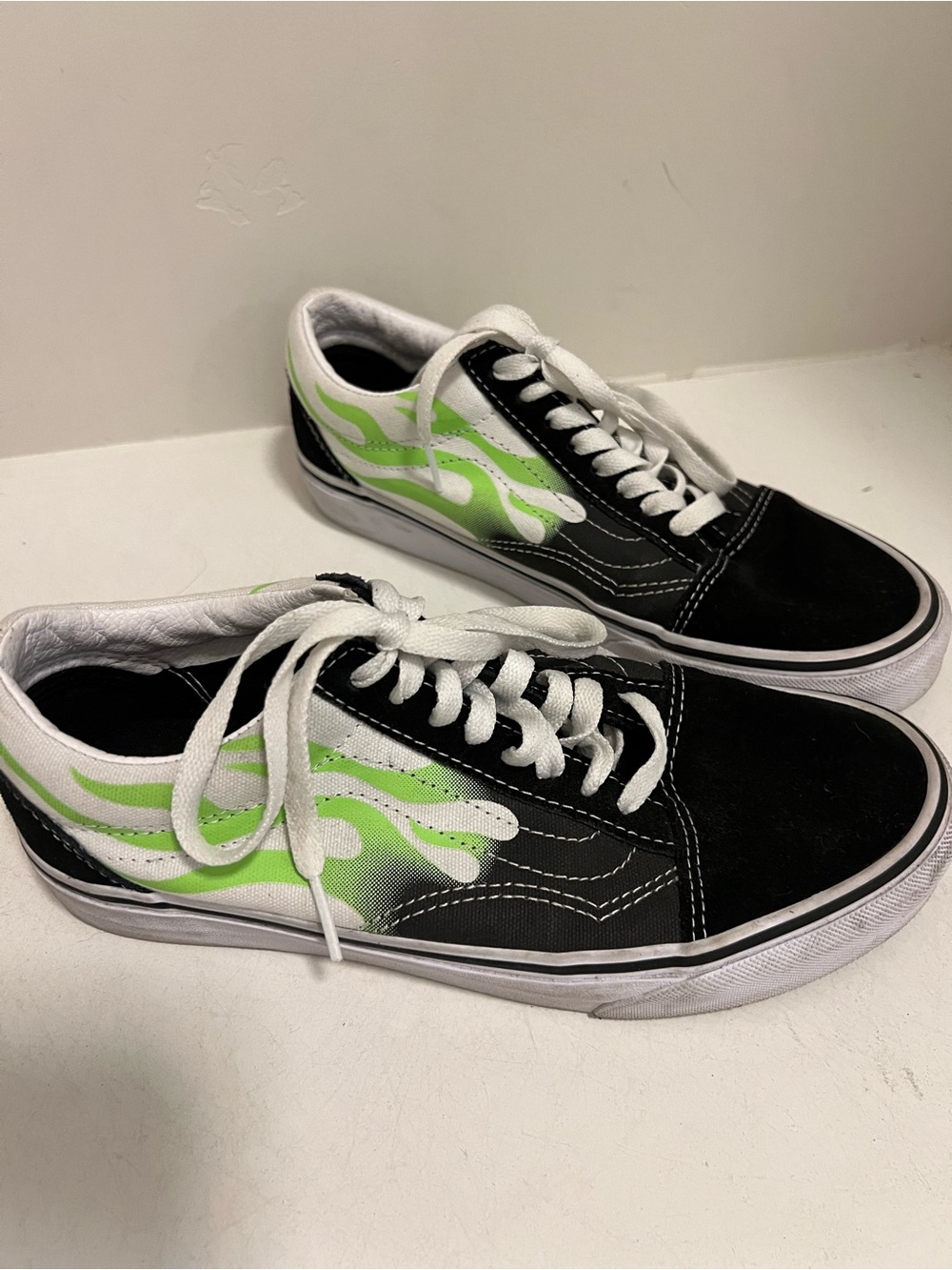 Vans Black & Neon Green Flame Low-Top Sneakers